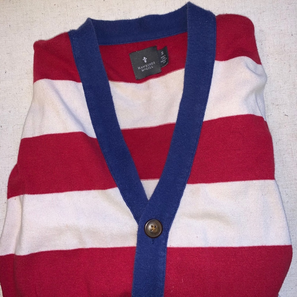 Red, white, blue button up v-neck cardigan.